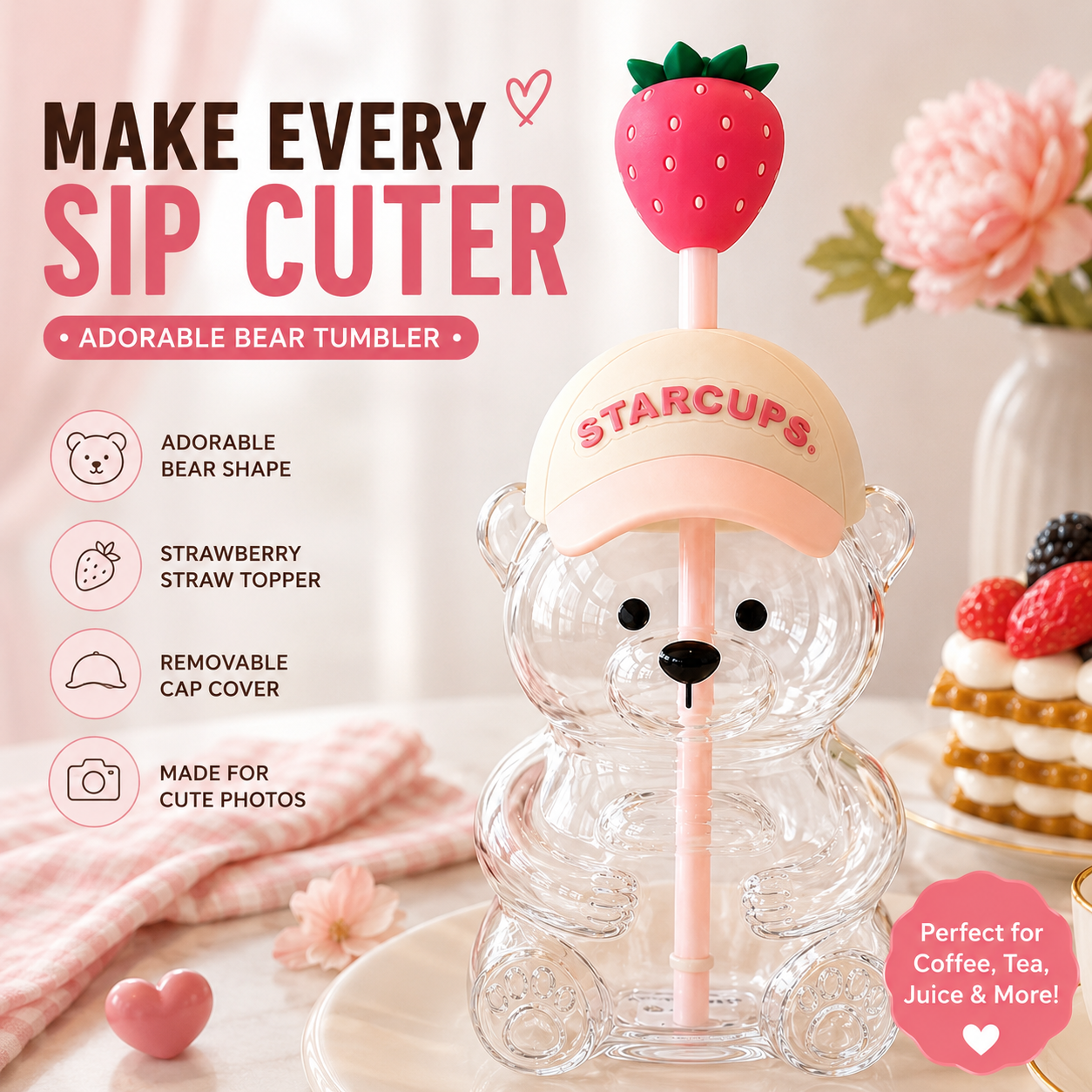 🔥HOT SALE 50% OFF🐻Cute Teddy Bear Glass Tumbler with Bear Lid & Strawberry Straw – 20oz Reusable Cup