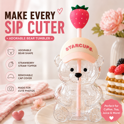 🔥HOT SALE 50% OFF🐻Cute Teddy Bear Glass Tumbler with Bear Lid & Strawberry Straw – 20oz Reusable Cup