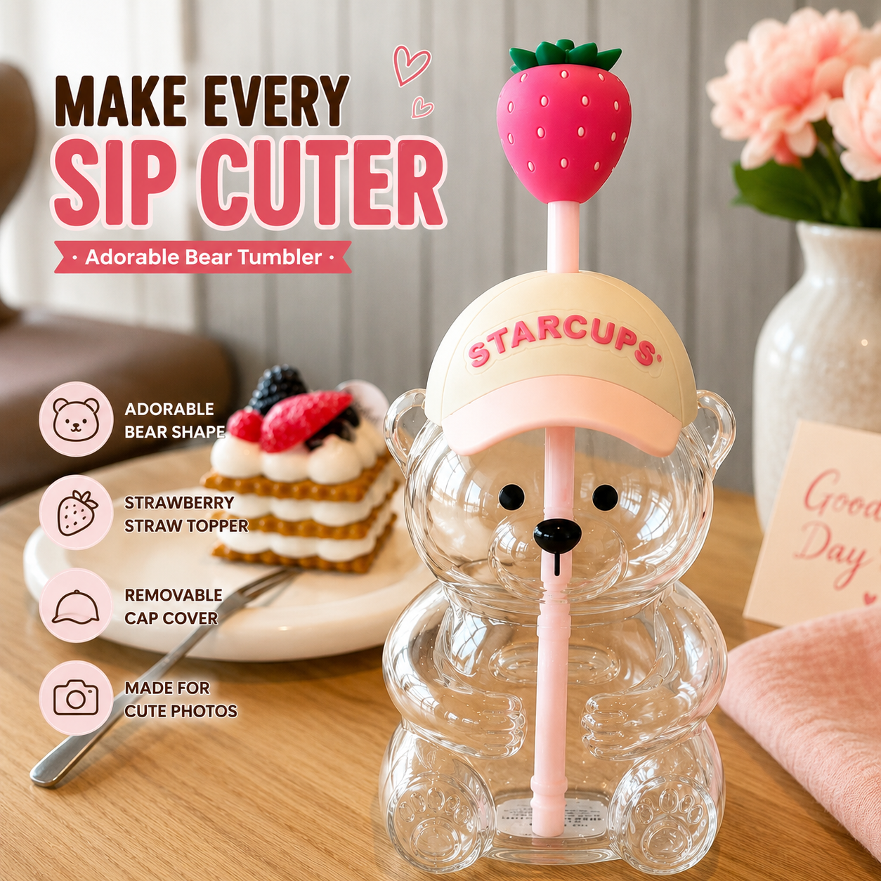 🔥HOT SALE 50% OFF🐻Cute Teddy Bear Glass Tumbler with Bear Lid & Strawberry Straw – 20oz Reusable Cup