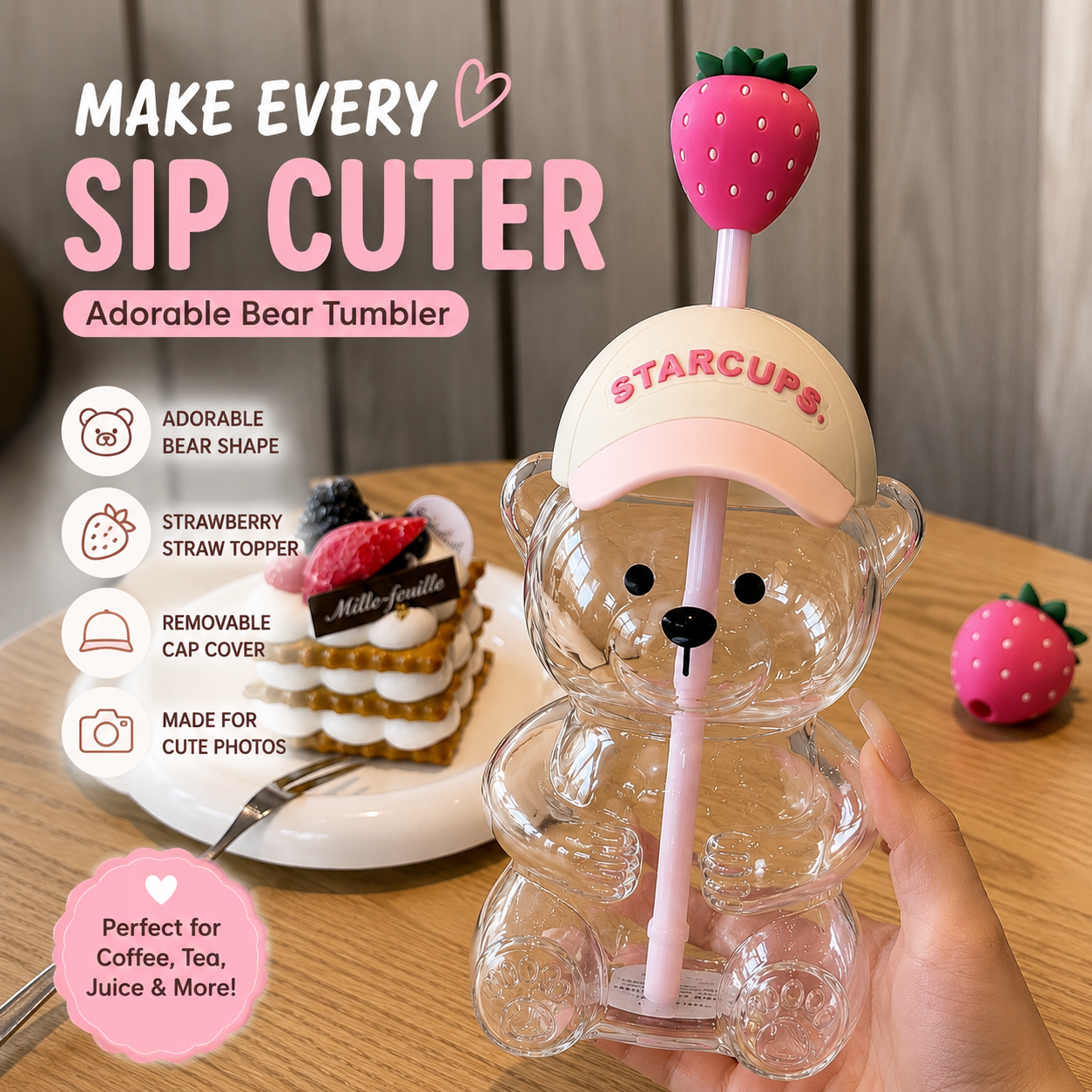 🔥HOT SALE 50% OFF🐻Cute Teddy Bear Glass Tumbler with Bear Lid & Strawberry Straw – 20oz Reusable Cup