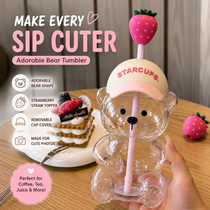 🔥HOT SALE 50% OFF🐻Cute Teddy Bear Glass Tumbler with Bear Lid & Strawberry Straw – 20oz Reusable Cup
