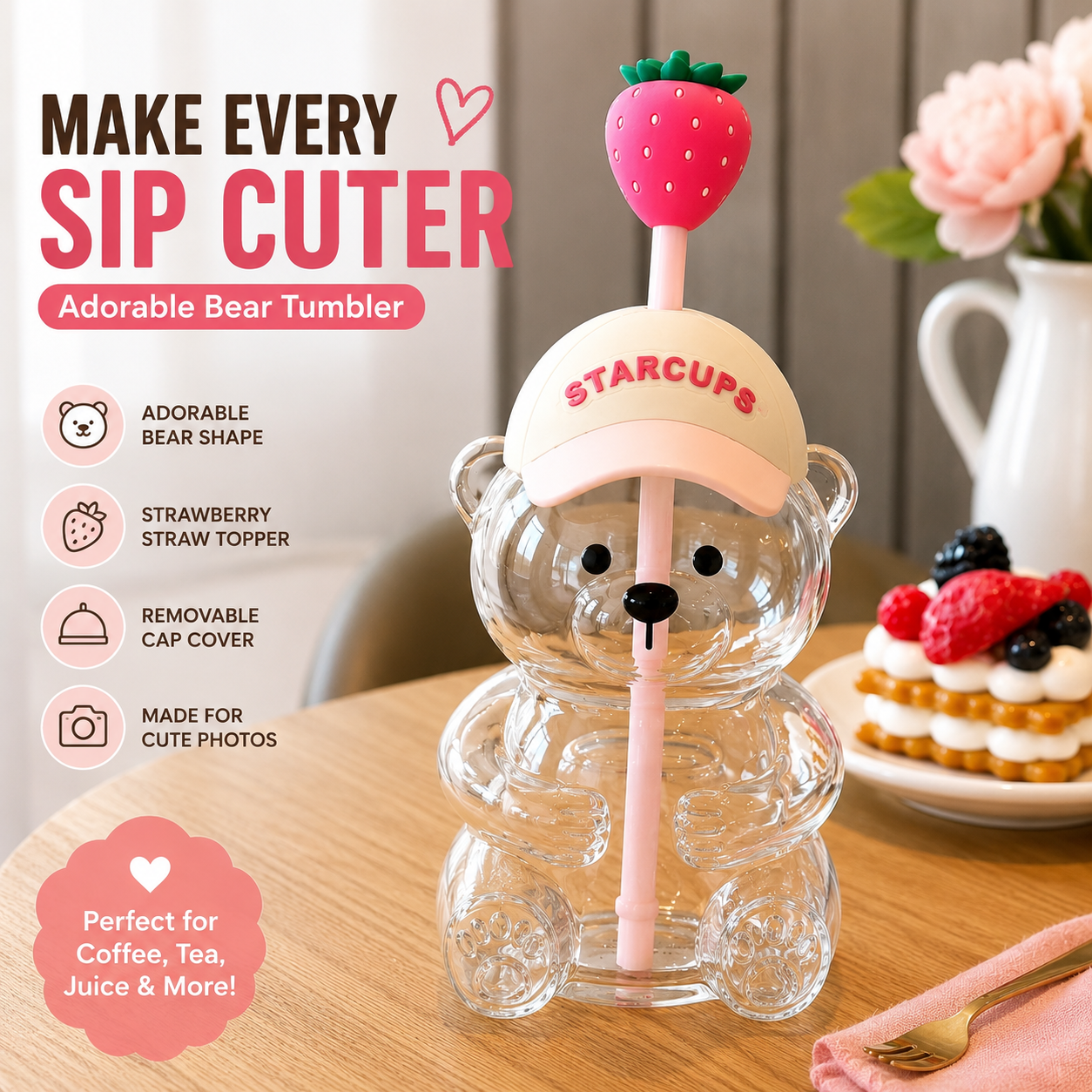 🔥HOT SALE 50% OFF🐻Cute Teddy Bear Glass Tumbler with Bear Lid & Strawberry Straw – 20oz Reusable Cup