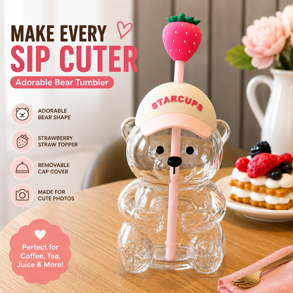 🔥HOT SALE 50% OFF🐻Cute Teddy Bear Glass Tumbler with Bear Lid & Strawberry Straw – 20oz Reusable Cup