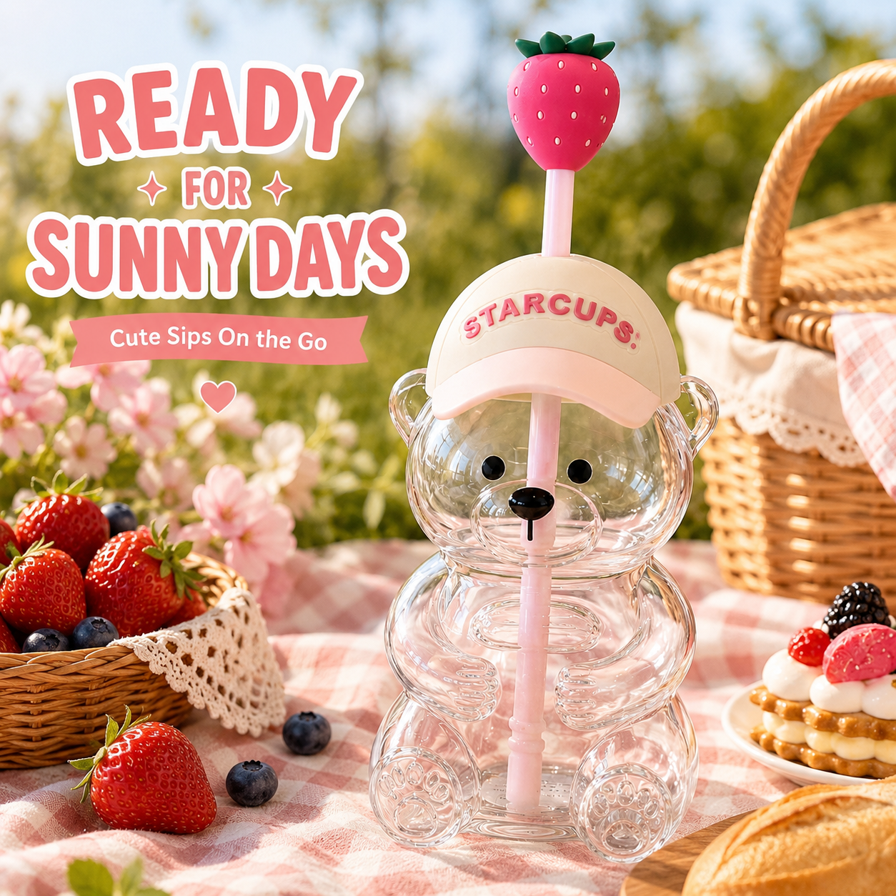 🔥HOT SALE 50% OFF🐻Cute Teddy Bear Glass Tumbler with Bear Lid & Strawberry Straw – 20oz Reusable Cup