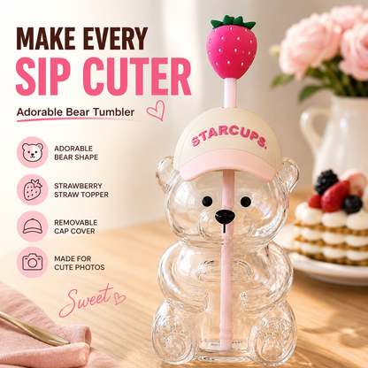 🔥HOT SALE 50% OFF🐻Cute Teddy Bear Glass Tumbler with Bear Lid & Strawberry Straw – 20oz Reusable Cup