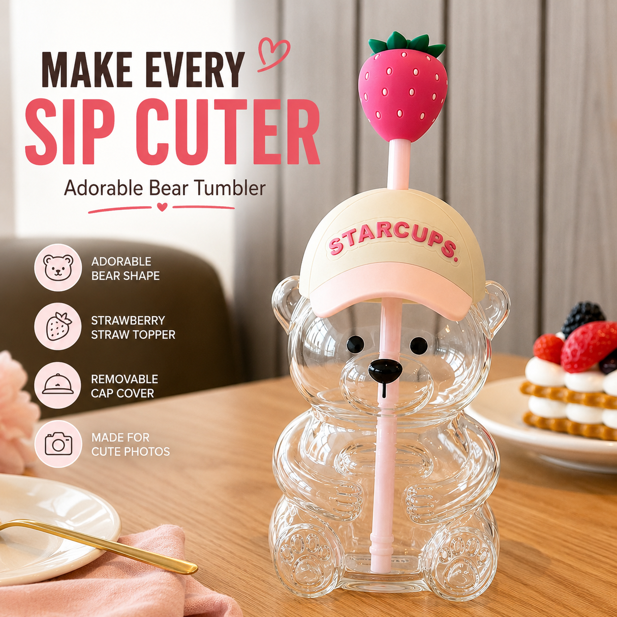 🔥HOT SALE 50% OFF🐻Cute Teddy Bear Glass Tumbler with Bear Lid & Strawberry Straw – 20oz Reusable Cup