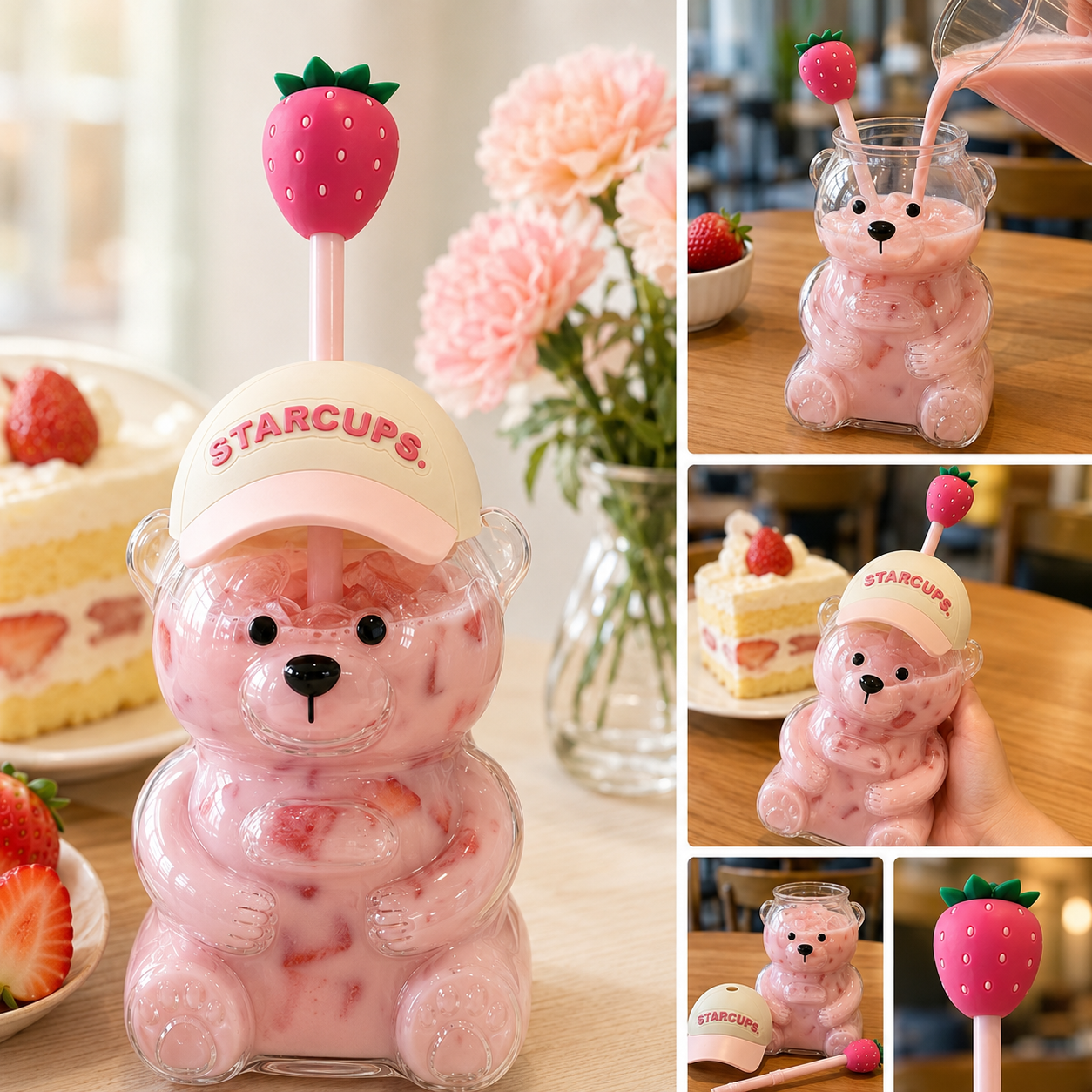 🔥HOT SALE 50% OFF🐻Cute Teddy Bear Glass Tumbler with Bear Lid & Strawberry Straw – 20oz Reusable Cup