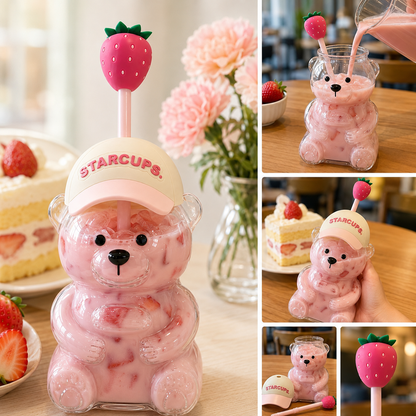 🔥HOT SALE 50% OFF🐻Cute Teddy Bear Glass Tumbler with Bear Lid & Strawberry Straw – 20oz Reusable Cup