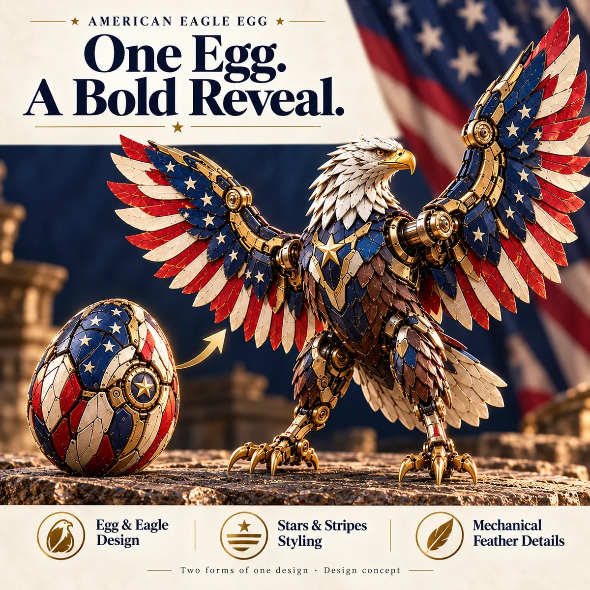 Egg to Transforming Mechanical Toy🦅 Stars & Stripes Mechanical Figure With Bold Wing Details