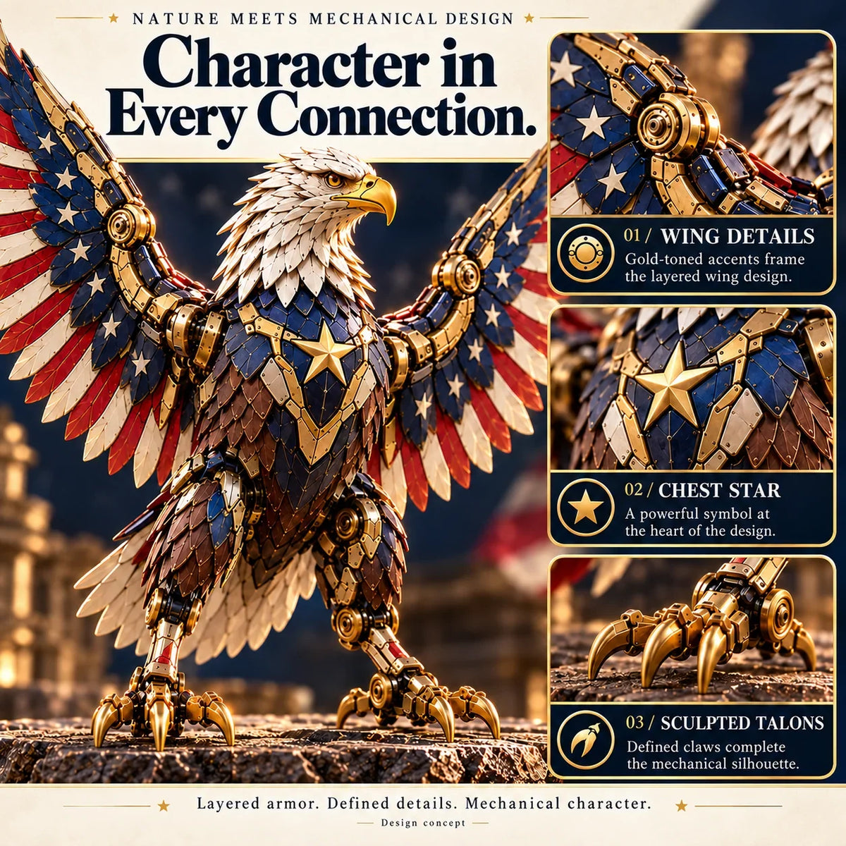 Egg to Transforming Mechanical Toy🦅 Stars & Stripes Mechanical Figure With Bold Wing Details