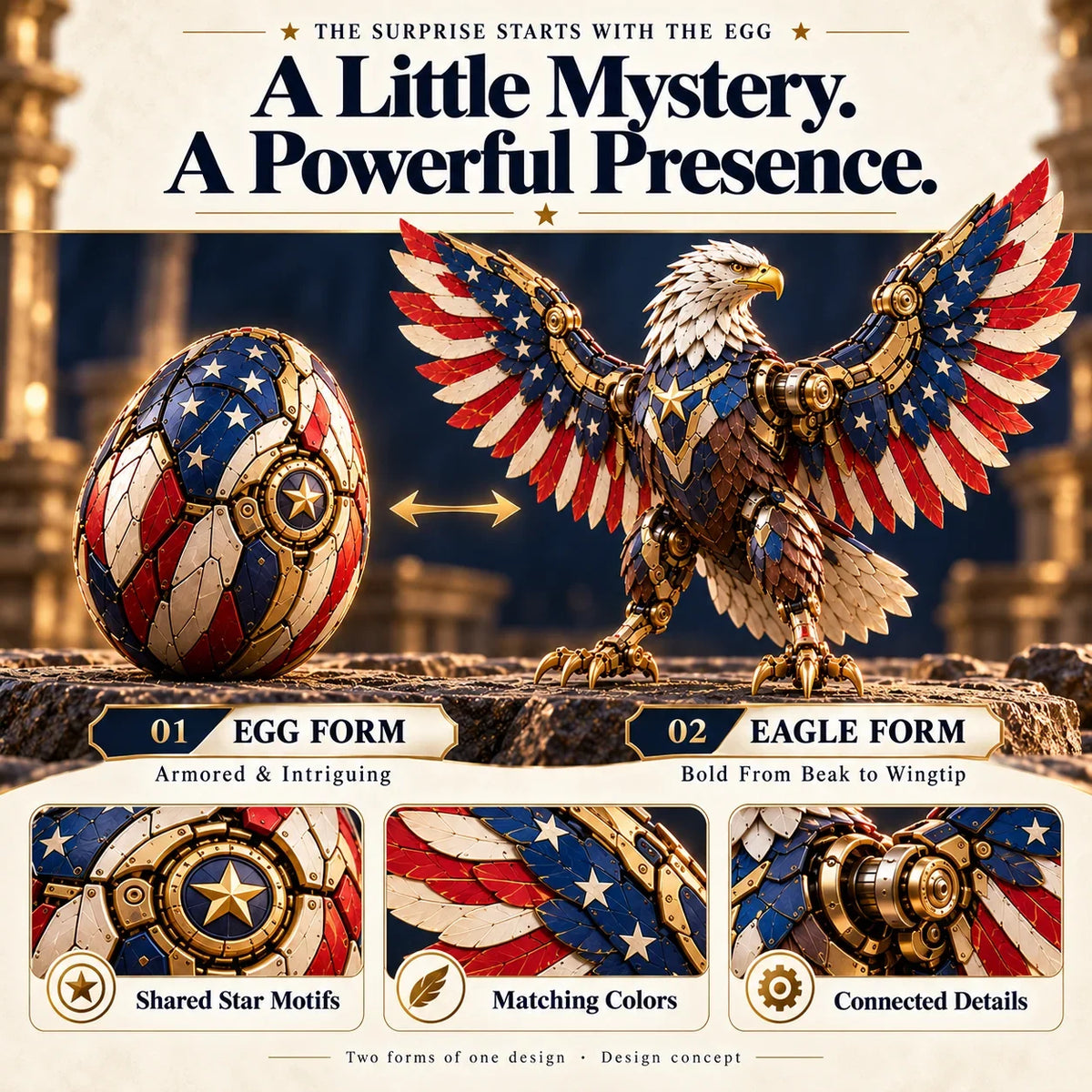 Egg to Transforming Mechanical Toy🦅 Stars & Stripes Mechanical Figure With Bold Wing Details