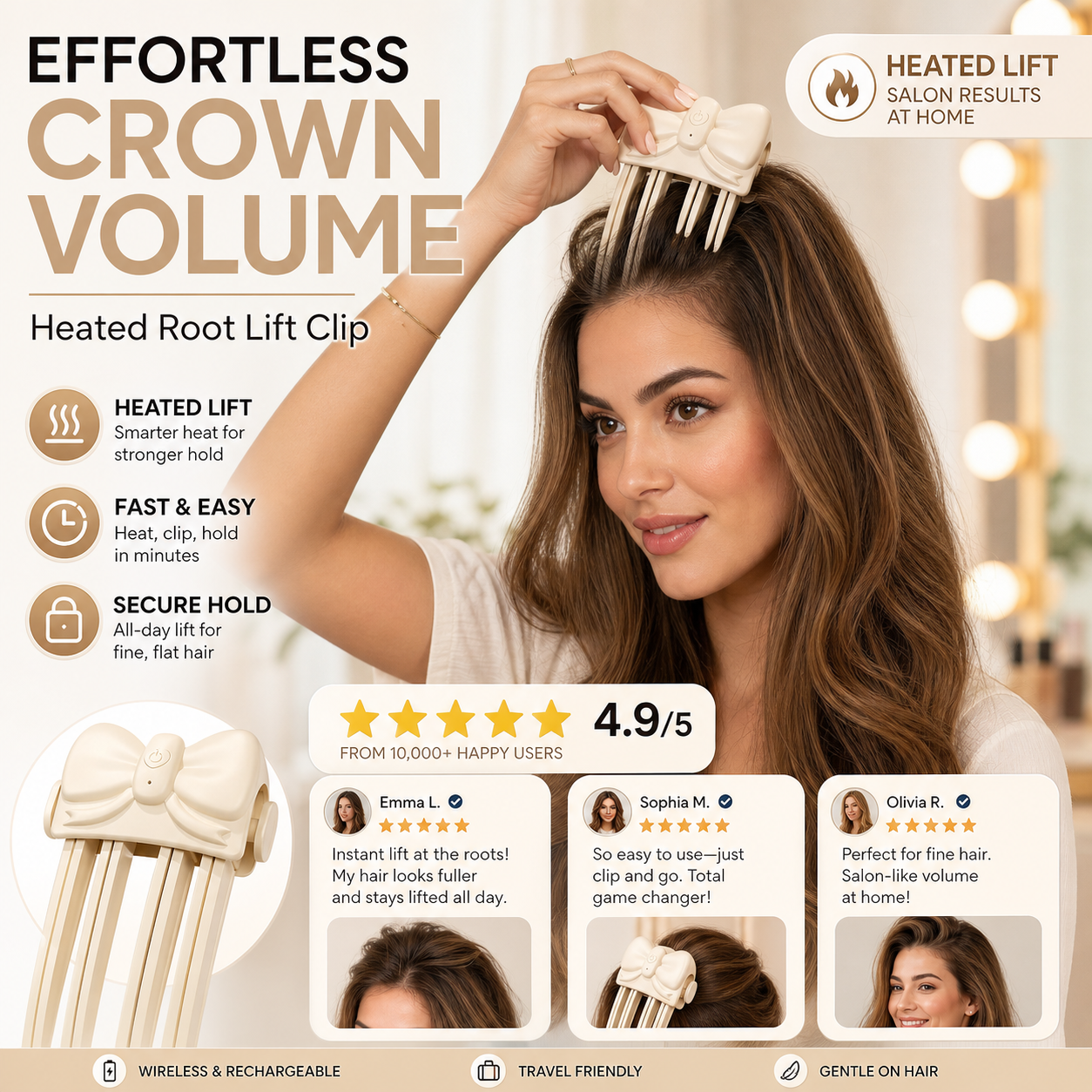 📢49% OFF !! ⏰Wireless Heated Volumizing Root Lift Clip - Salon Crown Volume Styling Tool for Fine Flat Hair